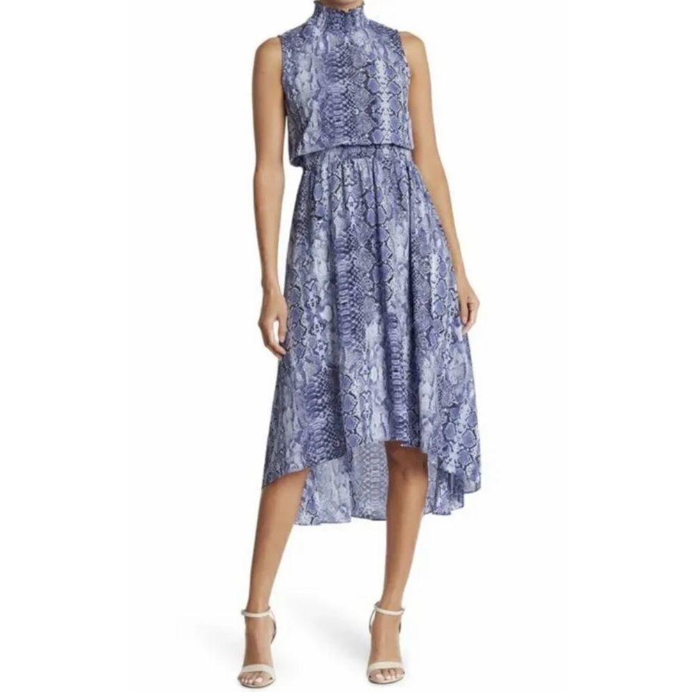 NWT NANETTE LEPORE Blue Snakeskin Print High-Low Sleeveless Smocked Midi Dress